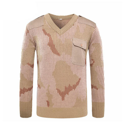 Military Commando wool material V neck khaki camo pullover man sweater